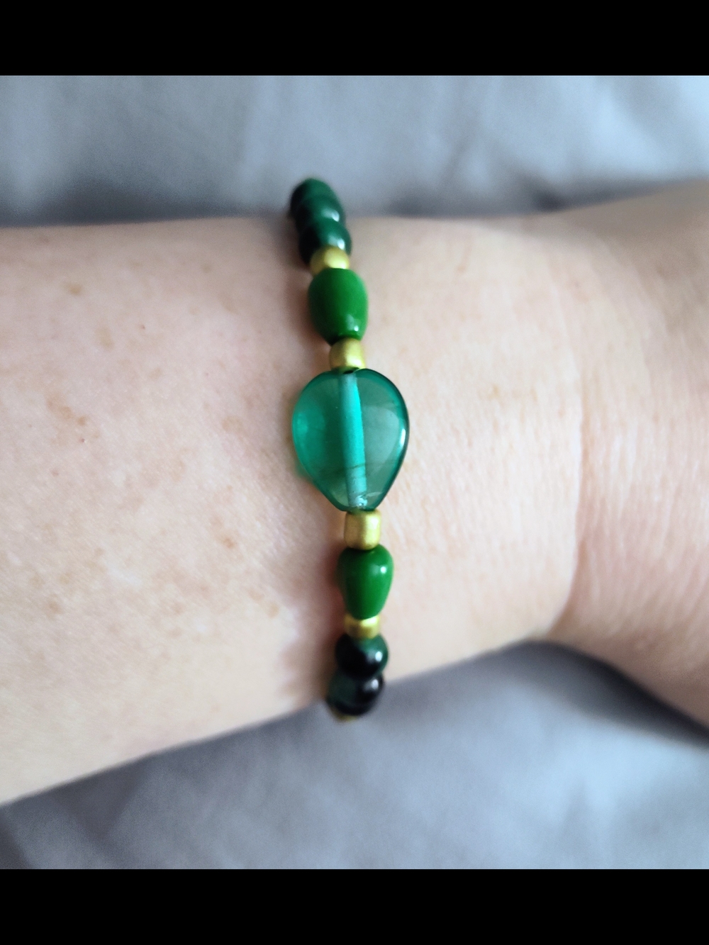 Green And Gold Beaded Stretch Bracelet